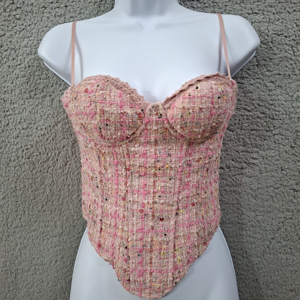 Pink Boucle Wool Blend Corset Top Optional Straps Size S Wired with Boning